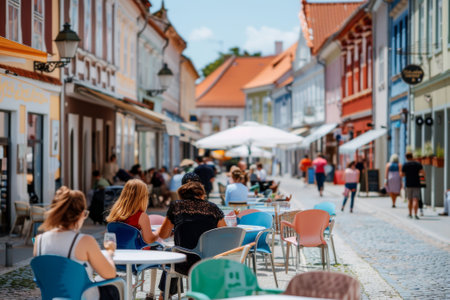Relaxing at a Colorful Cafe on a Sunny European Streetの写真素材