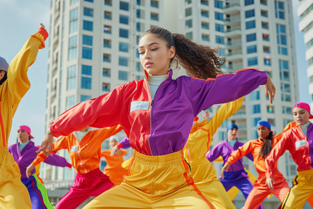 Dynamic Urban Dance Performance in Colorful Attireの写真素材