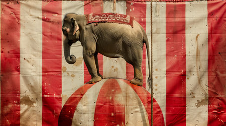 Elephant Performing on Circus Ball Against Striped Backdropの写真素材