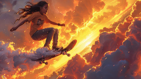 Skateboarding Girl Against a Fiery Sunset
