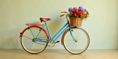 A Vintage Bicycle with a Beautiful Flower Basket Set Against a Soft and Charming Background