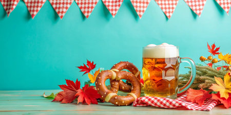 Experience the festive and cozy autumn vibes with refreshing beer and delicious pretzel snacksの写真素材