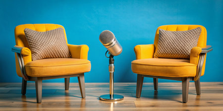 Bright Yellow Chairs with a Microphone Set Up Against a Striking Blue Wall Backgroundの写真素材