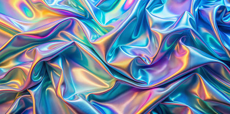 A Vibrant and Colorful Iridescent Silk Fabric Featuring Elegant Drapes and Luxurious Texturesの写真素材