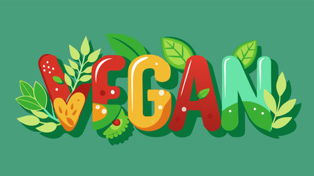 Vector illustration of vegan lettering with leaves and fruits. Vegetarian concept.の素材