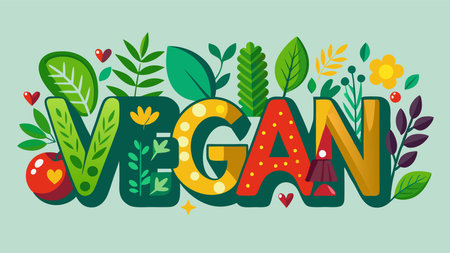 Vegan lettering with leaves and flowers. Vector flat illustration.の素材