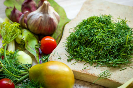 Autumn fresh vegetables on wooden table backgroundの写真素材