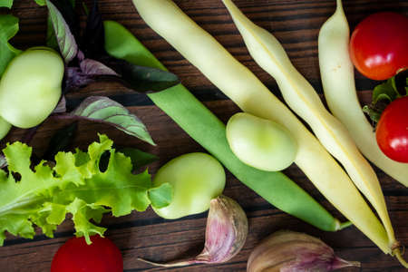 Autumn fresh vegetables on wooden table backgroundの写真素材