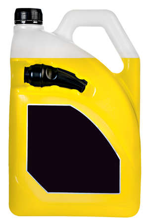 Big juice milk gasoline bottle with handle colorful liquid red yellow blue on white background isolatedの写真素材