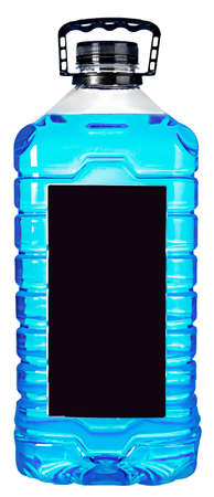 Big juice milk gasoline bottle with handle colorful liquid red yellow blue on white background isolatedの写真素材