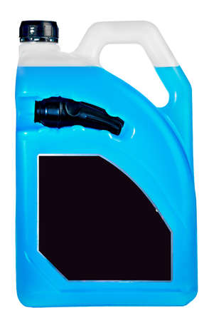 Big juice milk gasoline bottle with handle colorful liquid red yellow blue on white background isolatedの写真素材
