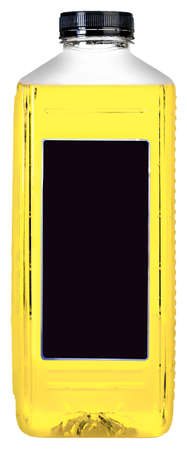 Big juice milk gasoline bottle with handle colorful liquid red yellow blue on white background isolatedの写真素材