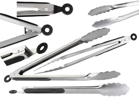 Barbecue and grill spatula bottle hook tongs tools set on White Background isolated wooden handle iron steelの写真素材