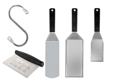 Barbecue and grill spatula bottle hook tongs tools set on White Background isolated wooden handle iron steelの写真素材