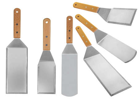 Barbecue and grill spatula bottle hook tongs tools set on White Background isolated wooden handle iron steelの写真素材