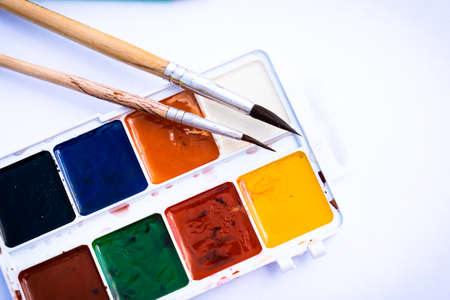 Colorful paints and brushes on the white backgroundの写真素材
