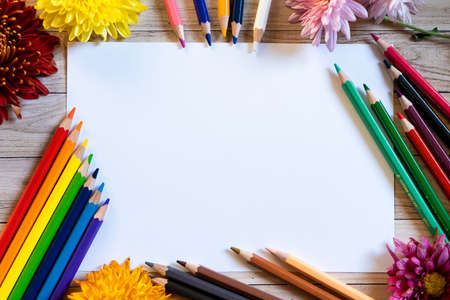 Chrysantemum autumn bouquet pencils copy space blanc paper colored colorful mock upの写真素材