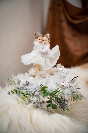 Candlestick Interior Decor with candles, table handmade arrangement mini for new year, artificial Christmas treeの写真素材