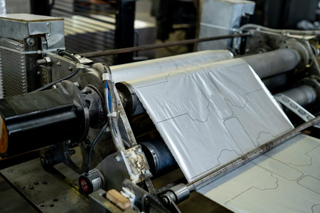 Offset printing machine feeder transfer metallic paper through the feeding table to the printing unit factoryの写真素材