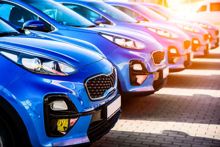 Blue Family business spotrs hatchback Car sunset. Business success conceptの写真素材