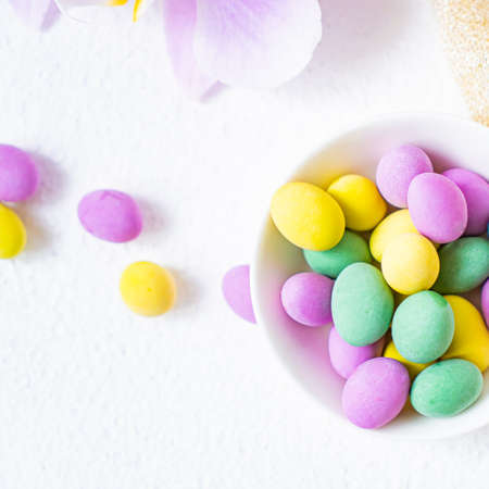 Close up of a pile of colorful chocolate coated candyの写真素材