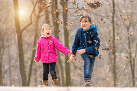 Siblings kids playing with maple leaves autumn parkの写真素材