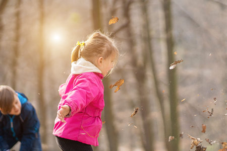 Siblings kids playing with maple leaves autumn parkの写真素材
