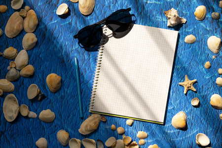 flat lay blue background blank notebook copy space. summer plans concept