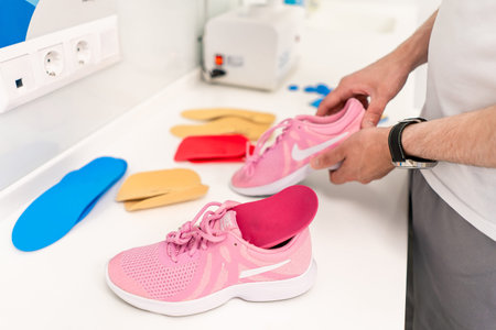 Orthopedic insole. The orthopedist works with the patient. Orthopedic clinic. Choice of insoles in an orthopedic clinic. The orthopedist offers the insole to the patientの写真素材