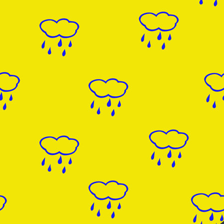 Simple children's doodle pattern with clouds. Cheerful hand drawn cloud. Seamless pattern with rain. Futuristic blue clouds. Background for poster, cover booklet, banner, surface design.の写真素材