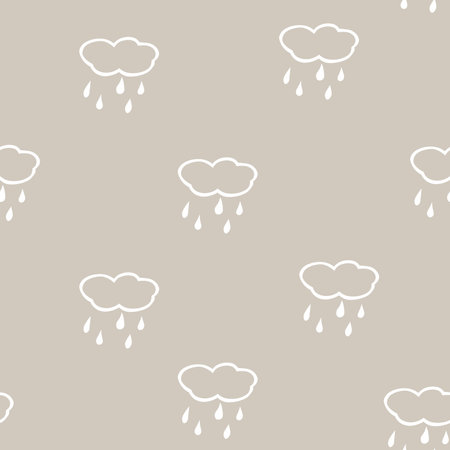 Simple children's doodle pattern with clouds. Cheerful hand drawn cloud. Seamless pattern with rain. Futuristic blue clouds. Background for poster, cover booklet, banner, surface design.の写真素材
