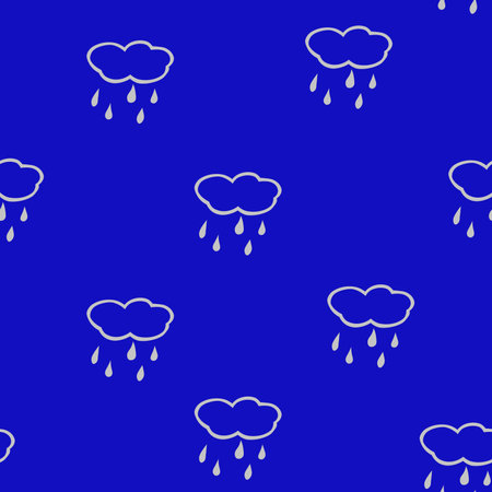 Simple children's doodle pattern with clouds. Cheerful hand drawn cloud. Seamless pattern with rain. Futuristic blue clouds. Background for poster, cover booklet, banner, surface design.の写真素材