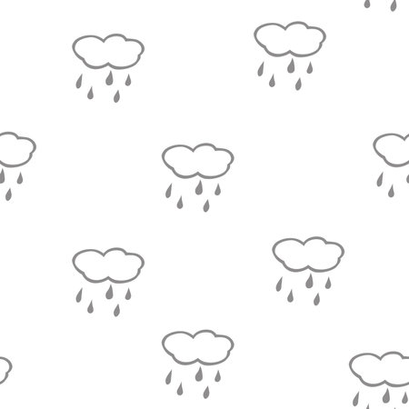 Simple children's doodle pattern with clouds. Cheerful hand drawn cloud. Seamless pattern with rain. Futuristic blue clouds. Background for poster, cover booklet, banner, surface design.の写真素材