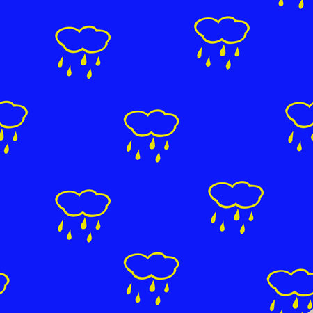 Simple children's doodle pattern with clouds. Cheerful hand drawn cloud. Seamless pattern with rain. Futuristic blue clouds. Background for poster, cover booklet, banner, surface design.の写真素材