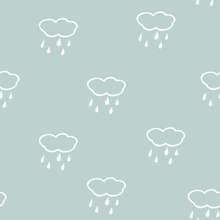 Simple children's doodle pattern with clouds. Cheerful hand drawn cloud. Seamless pattern with rain. Futuristic blue clouds. Background for poster, cover booklet, banner, surface design.の写真素材