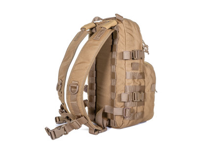 tactical backpack color coyote front view isolated white background equipment military touristの写真素材