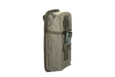 A bag containing magazines on a white background. bag for magazine firearms Pouch version with tubular magazine. Pistol wallet.の写真素材