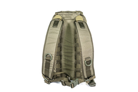 tactical backpack color khaki front view isolated white background equipment military touristの写真素材
