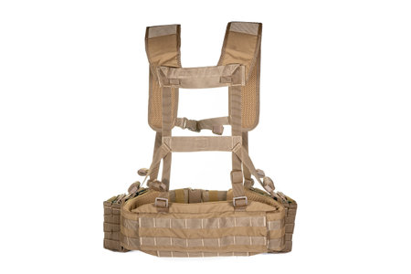 Army equipment on white background. Straps jacket, Modern army combat gear ammunition. Military style army items set.の写真素材