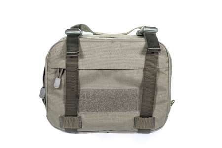 Green Canvas Backpack Isolated on White. Front View of Modern Waterproof Camping Traveler Back Pack Bag with Shoulder Straps Haul Loop. Tactical Hiking Backpack For Travel Travel for Menの写真素材