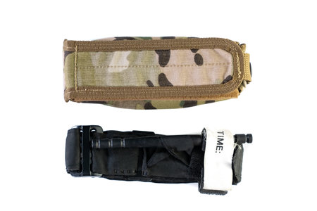 Camouflage military bag isolated on white background with clipping path.の写真素材