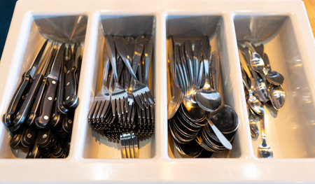 Clean spoons, forks and knives in the kitchen in a cafe. Cutlery in a restaurant.