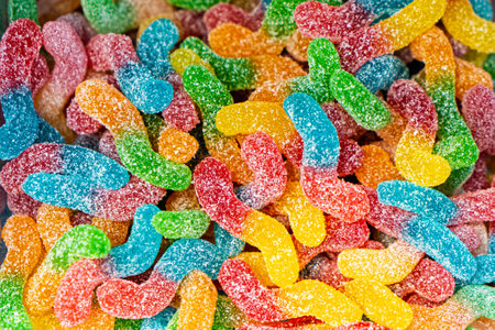 Assorted colorful gummy jelly candies. Top view. Jelly sweets.の写真素材