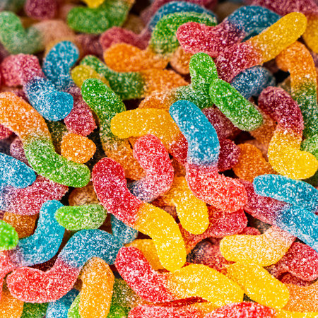 Assorted colorful gummy jelly candies. Top view. Jelly sweets.