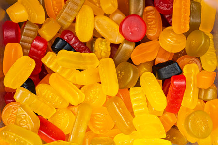 Assorted colorful gummy jelly candies. Top view. Jelly sweets.の写真素材
