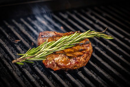 Beef steak on the grill with smoke and flamesの写真素材