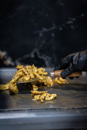 Close up photograph of chicken pieces on the barbecueの写真素材