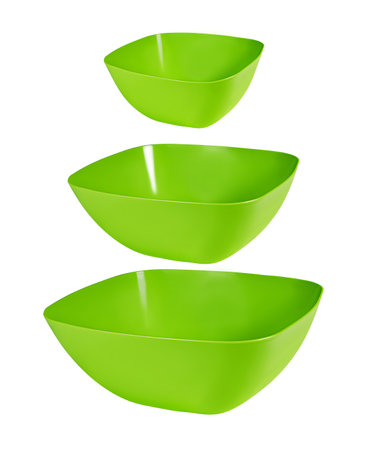 Plastic salad set. Blue bowls fork and spoon set isolated on whiteの写真素材