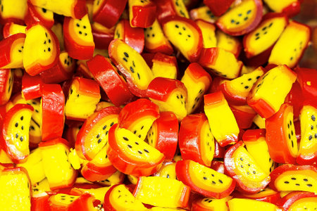 Assorted colorful gummy jelly candies. Top view. Jelly sweets.の写真素材