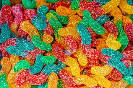 Assorted colorful gummy jelly candies. Top view. Jelly sweets. Gummy candiesの写真素材